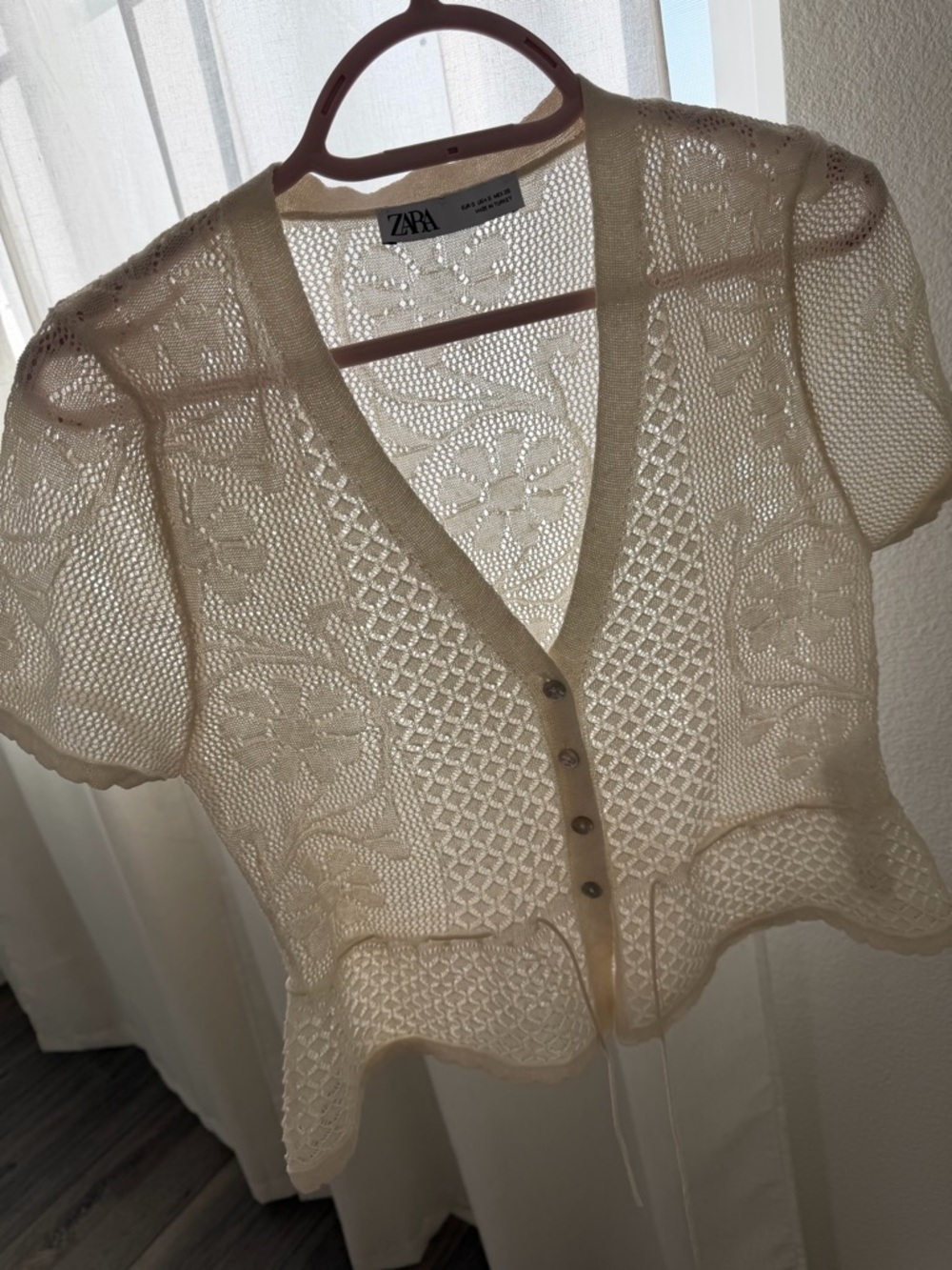 Zara Cream Crochet Floral Short Sleeve Cardigan